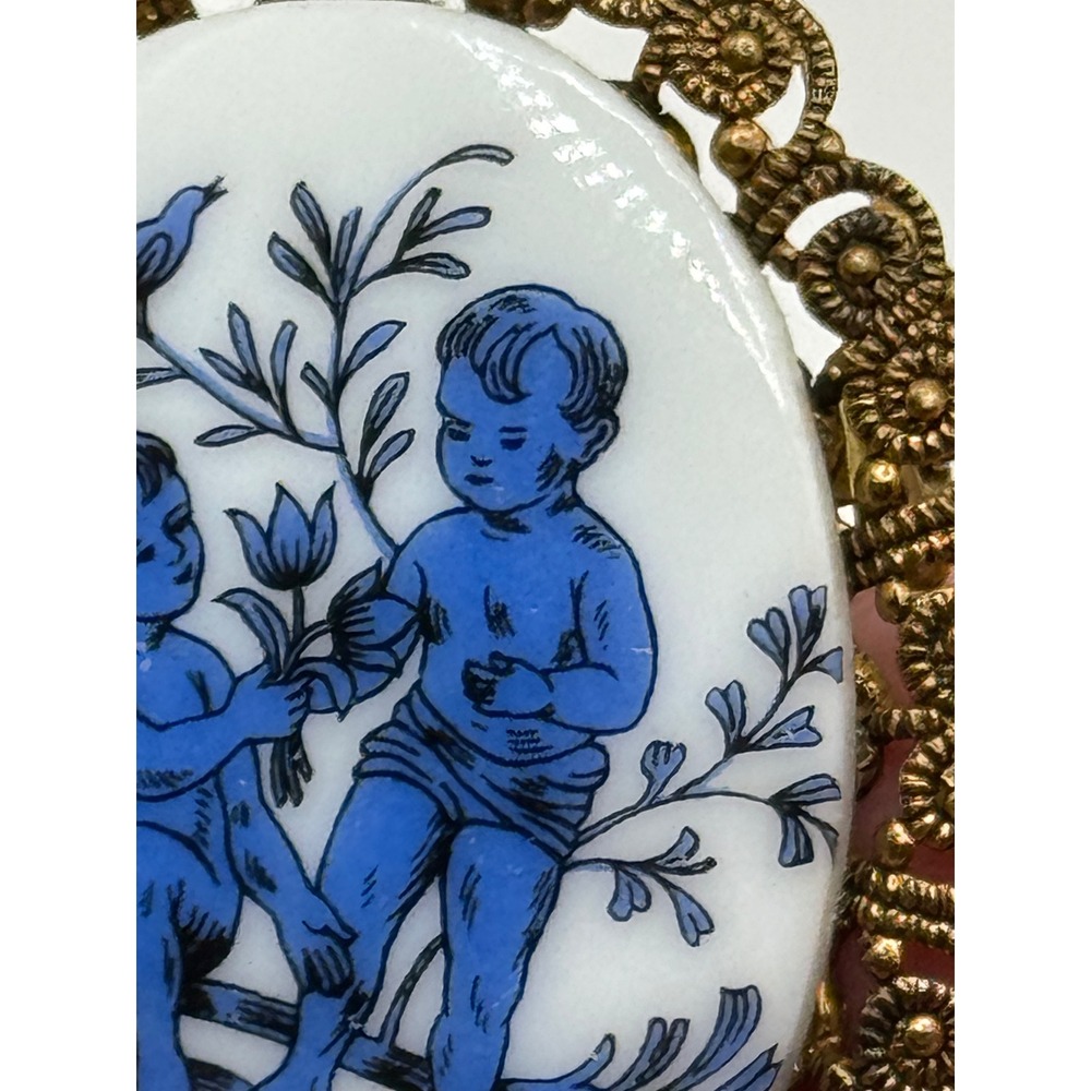 Vintage West Germany Brooch Blue and White Ceramic Cherub Pin - Picture 3 of 15